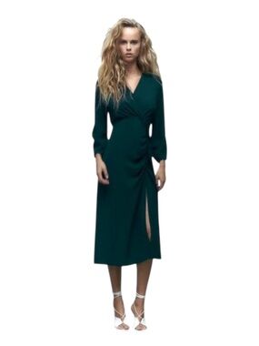 Zara Gathered Midi Dress Women’s Medium Forest Green Ruched